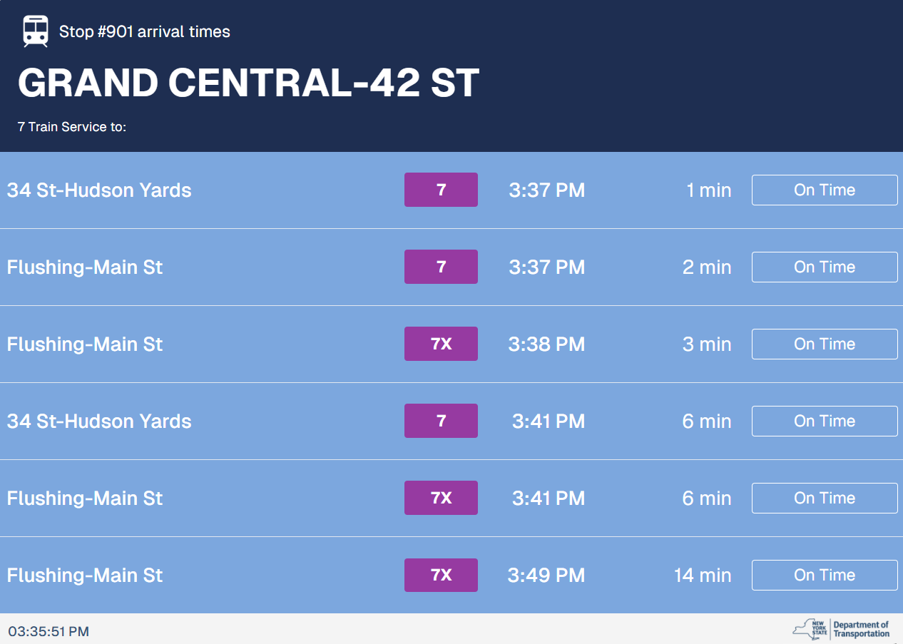 A screen displaying incoming train arrival times.